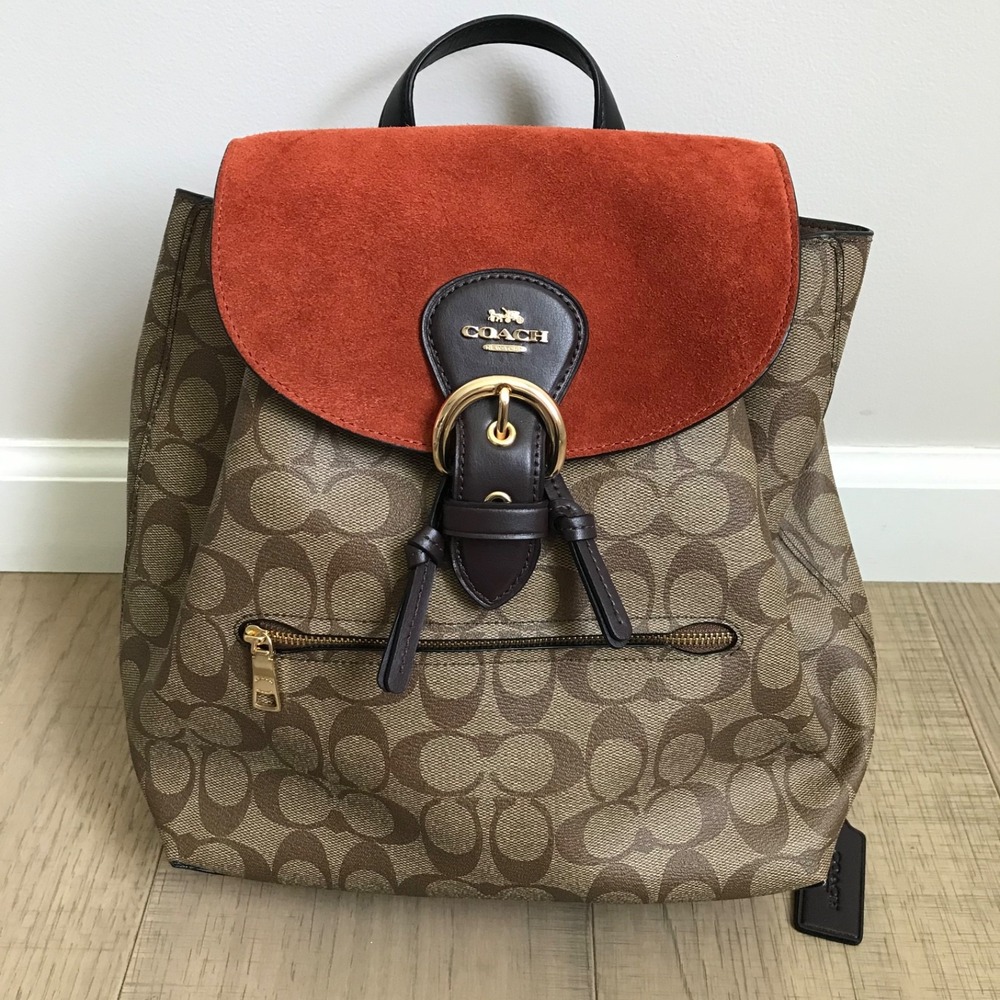 COACH Signature Suede Kleo Backpack Brown Orange Khaki Canvas Fall Autumn NEW